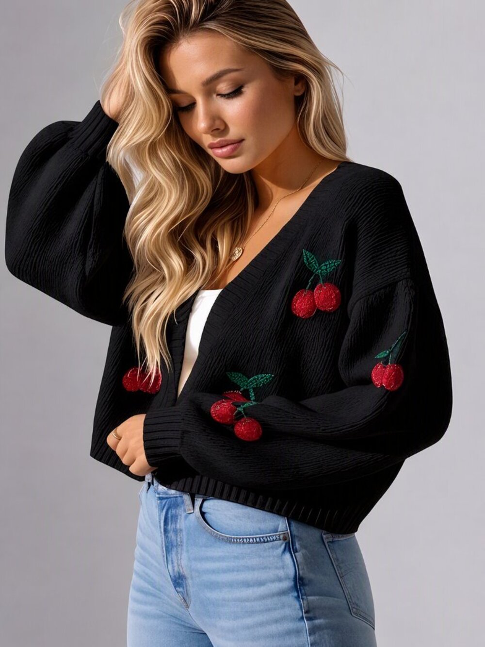 Cherry Embroidery Lantern Sleeve Cardigan Black
